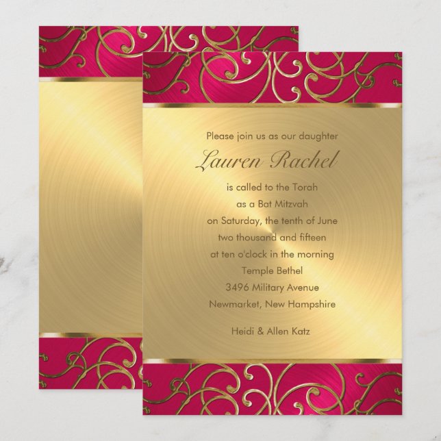 Bat Mitzvah Elegant Magenta Rosa Guld Filigran Inbjudningar (Fram/baksida)