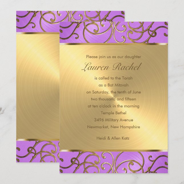 Bat mitzvah Elegant Orchid Lila Guld Filigree Inbjudningar (Fram/baksida)