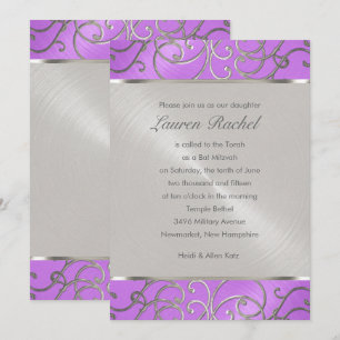 Bat mitzvah Elegant Orchid Lila Silver Filigree Inbjudningar