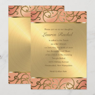 Bat mitzvah Elegant Peach och Guld Filigree Inbjudningar