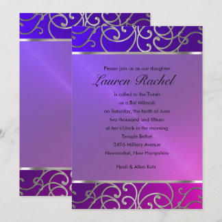 Bat mitzvah Elegant Rosa Lila Silver Filigree Inbjudningar
