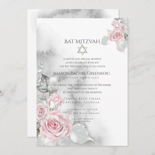 BAT MITZVAH | Elegant Rosa Watercolor Ro Inbjudningar (Fram/baksida)