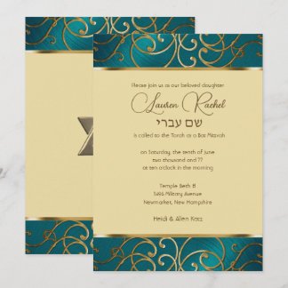 Bat mitzvah Elegant Teal Blue och Guld Filigree Inbjudningar