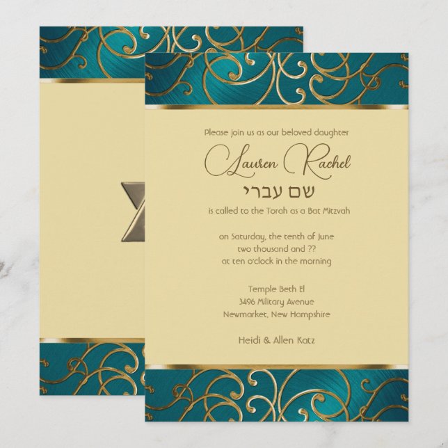 Bat mitzvah Elegant Teal Blue och Guld Filigree Inbjudningar (Fram/baksida)