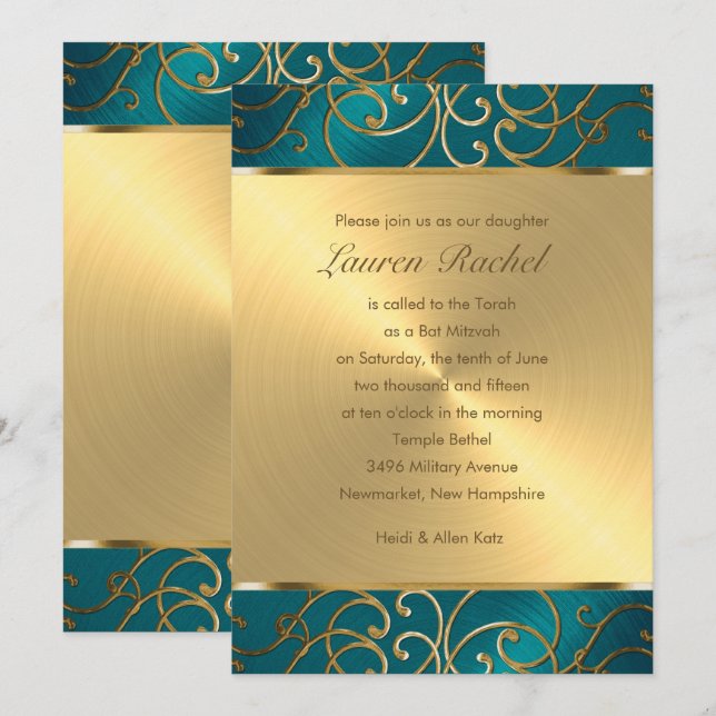 Bat mitzvah Elegant Teal Blue och Guld Filigree Inbjudningar (Fram/baksida)