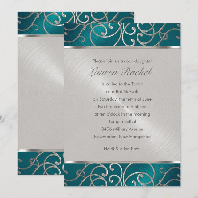 Bat mitzvah Elegant Teal Blue och Silver Filigree Inbjudningar (Fram/baksida)