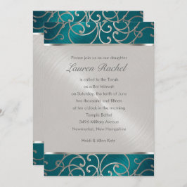 Bat mitzvah Elegant Teal Blue och Silver Filigree Inbjudningar