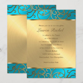 Bat mitzvah Elegant Turcos Blue Guld Filigree Inbjudningar