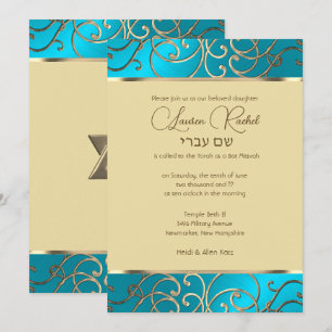 Bat mitzvah Elegant Turcos Blue Guld Filigree Inbjudningar