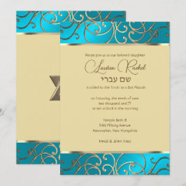 Bat mitzvah Elegant Turcos Blue Guld Filigree Inbjudningar