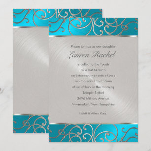 Bat mitzvah Elegant Turcos Blue Silver Filigree Inbjudningar