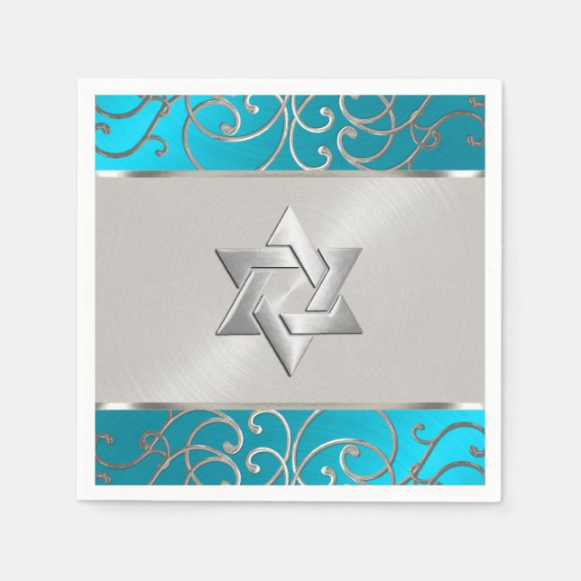 Bat mitzvah Elegant Turcos Blue Silver Filigree Pappersservett (Framsidan)