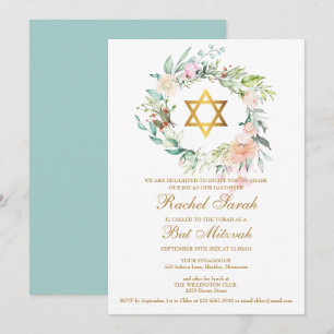Bat Mitzvah Elegant Vattenfärg Blommig Girlangd Inbjudningar