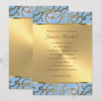 Bat mitzvah Eleganten Himlar Blue och Guld Filigre Inbjudningar