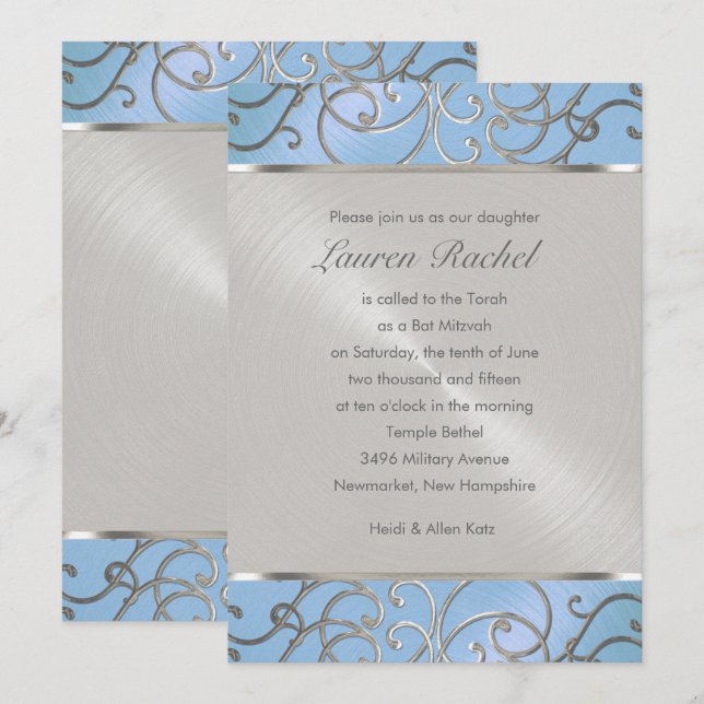 Bat mitzvah Eleganten Himlar Blue och Silver Filig Inbjudningar (Fram/baksida)