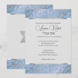 Bat mitzvah Eleganten Himlar Blue och Silver Filig Inbjudningar