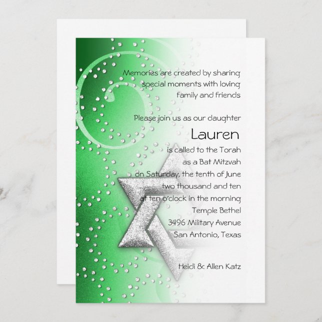 Bat mitzvah Emerald Shimmer Star of David Inbjudningar (Fram/baksida)