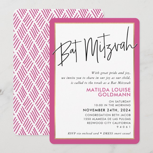BAT MITZVAH enkel, modern rosa guld ram Inbjudningar (Fram/baksida)
