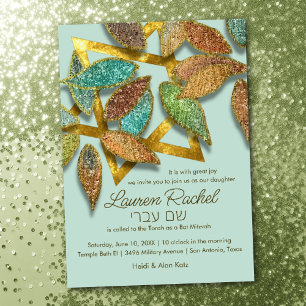 Bat mitzvah färgfyllda glittery Petals Aqua Brown Inbjudningar