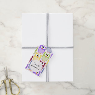 Bat mitzvah - färgrika ugglor - gröna blåttlilo presentetikett