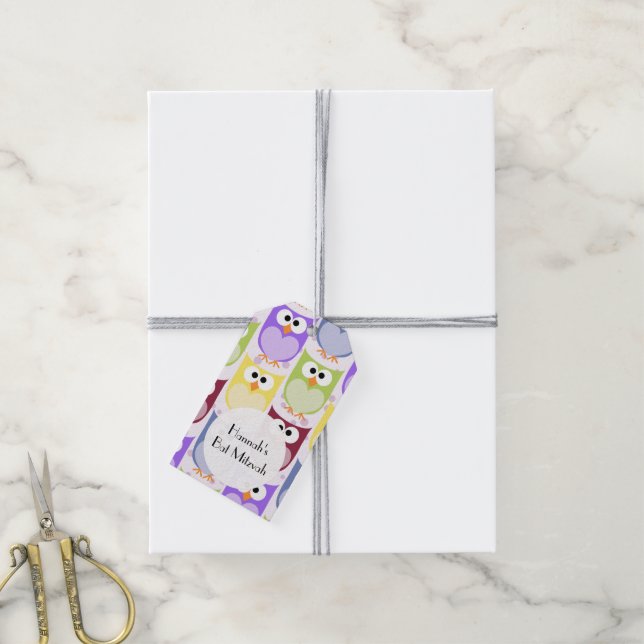 Bat mitzvah - färgrika ugglor - gröna blåttlilor presentetikett (Med Snöre)