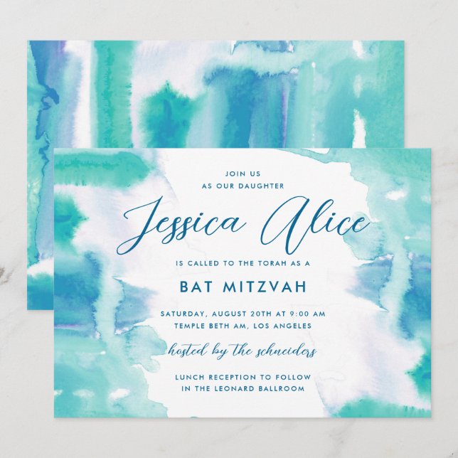 Bat mitzvah färgruta för blått vatten inbjudningar (Fram/baksida)