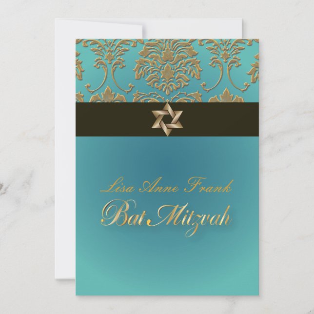 Bat mitzvah+Faux Guld Damask/black+aqua Inbjudningar (Framsida)