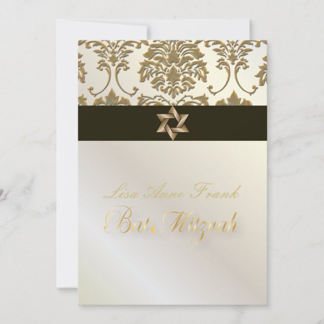 Bat mitzvah+Faux Guld Damask/black+pärl Inbjudningar (Framsida)