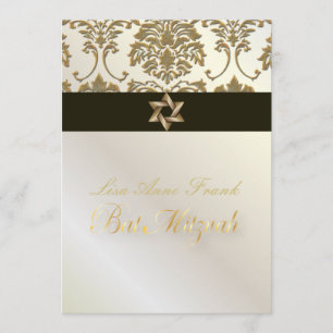 Bat mitzvah+Faux Guld Damask/black+pärl Inbjudningar