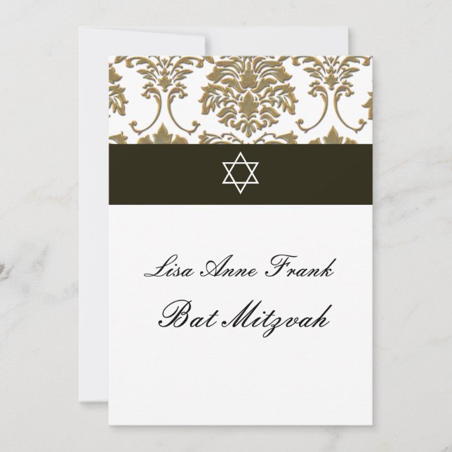 Bat mitzvah+Faux Guld Damask/svart+vit Inbjudningar (Framsida)