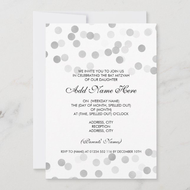 Bat mitzvah Faux Silver Foil Glitter Ljus Inbjudningar (Framsida)