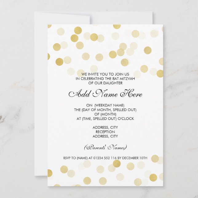 Bat mitzvah Fauxguld omkullkastar glitterljus Inbjudningar (Framsida)