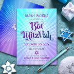 Bat mitzvah fet Retro Boho Blue Lila-övertoning Inbjudningar<br><div class="desc">Var stolt, gladd och visa den här milstolpen av din favorit Bat mitzvah med den här roligten boho retro, personlig inbjudan! Roligt, trendig, fet lila och marin blå typografi med modern sans serif-typografi täcker över en bakgrund av poplight turkos och lila gradientstrålar med vita prickar. På baksidan överträffar en vit...</div>