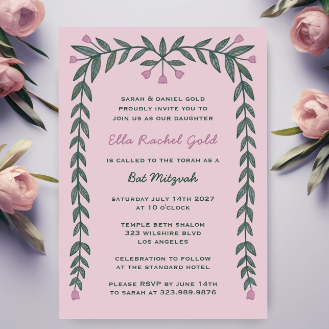 Bat mitzvah flicka i blommigt i Pub i den moderna  Inbjudningar (Floral Frame Modern Custom Bar Bat Mitzvah Girl Invitation
)