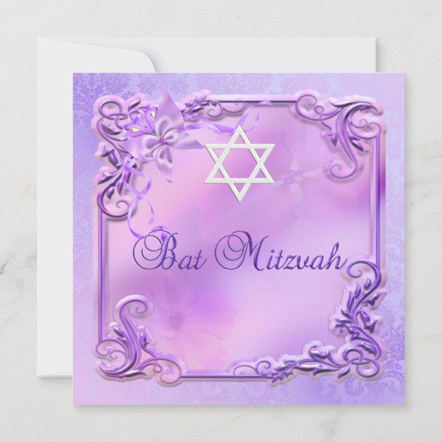 Bat Mitzvah-flicka söt lila rosa blommig Inbjudningar (Baksida)
