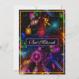 Bat mitzvah för Bright Neon Stars Swirls Splatter Inbjudningar