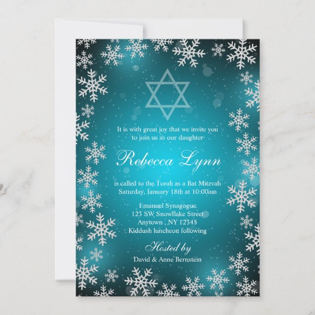 Bat mitzvah för Bright Snöflingor Teal Blue Winter Inbjudningar (Framsida)