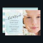 Bat mitzvah för foto med vattenfärg Blue x Guld Inbjudningar<br><div class="desc">Den här Bat mitzvah fotoinbjudan för snyggt och elegant innehåller en turkosblå bakgrund i vattenfärg med faux guld stänk och skrift i svart. Den omvända sidan har en vit bakgrund med turkosa blå rand. Anpassa den efter dina behov. Du hittar matchande produkter i min butik.</div>
