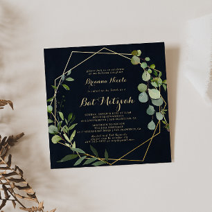 Bat mitzvah för Geometric Guld Blue Grönt Calligra Inbjudningar