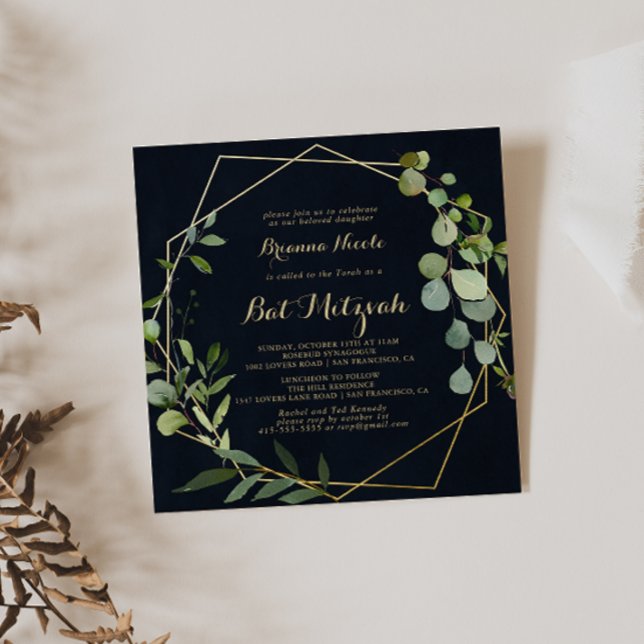 Bat mitzvah för Geometric Guld Blue Grönt Calligra Inbjudningar (Skapare uppladdad)