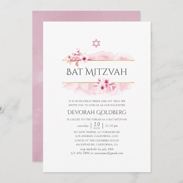 Bat mitzvah för Geometric Rosa Vår Blommar Inbjudningar (Fram/baksida)