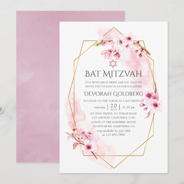 Bat mitzvah för Geometric Rosa Vår Blommar Inbjudningar (Fram/baksida)