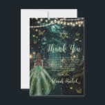 Bat mitzvah för Grönt av Echands Forest Emerald Dr Tack Kort<br><div class="desc">Anpassa det här fantastiska Bat mitzvah tack som du kort enkelt och snabbt. Klicka bara på Redigera med Design Verktyg om du vill redigera texten ytterligare, ändra teckensnittet stilar och teckensnittet färg. Med en flicka klädd i en annalkande grönt-klänning och en förtrollad skogsbakgrund. Smöglarna, flickan och krona är rörliga, flexibla,...</div>