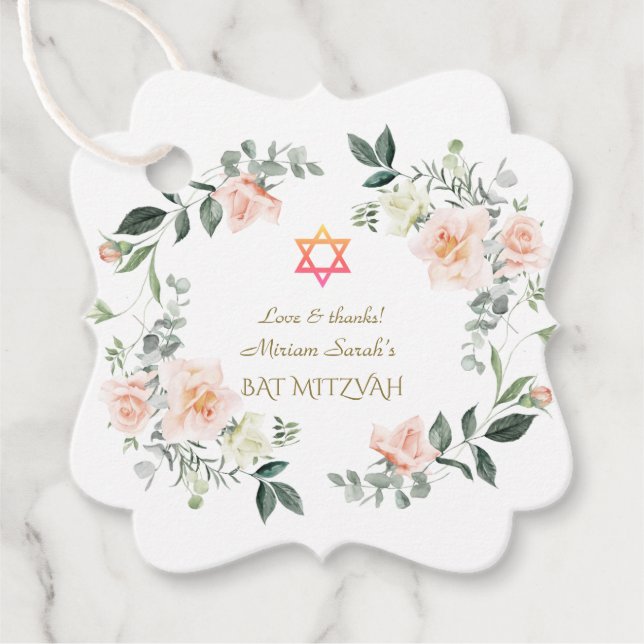 Bat mitzvah för känsliga  vitblommor gåvor etiketter (Framsida)