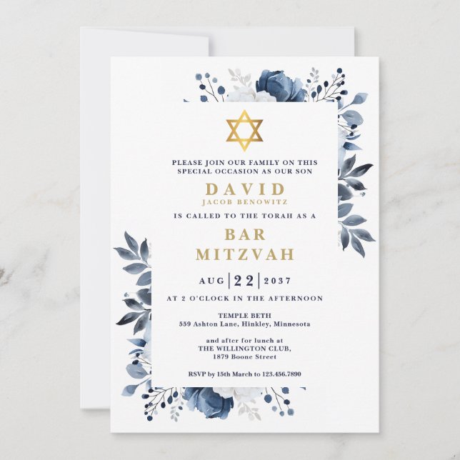 Bat mitzvah för marin blå Blommigt Botanical Pub M Inbjudningar (Framsida)