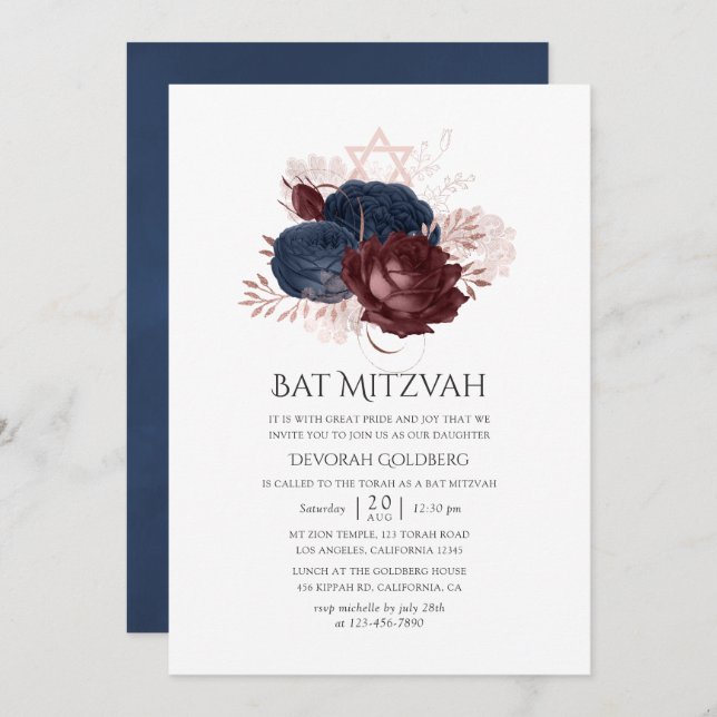 Bat mitzvah för maronblå Blommigt Inbjudningar (Fram/baksida)