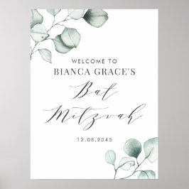 Bat mitzvah för minimalistisk vattenfärgseukalyptu poster