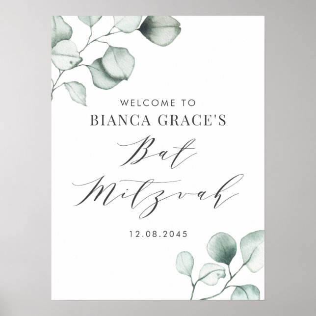 Bat mitzvah för minimalistisk vattenfärgseukalyptu poster (Framsidan)