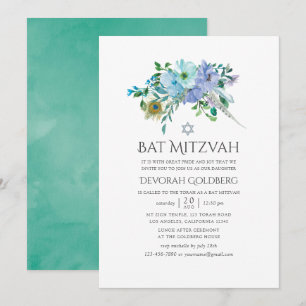 Bat mitzvah för Mint och Blue Boho-Blommigt Inbjudningar