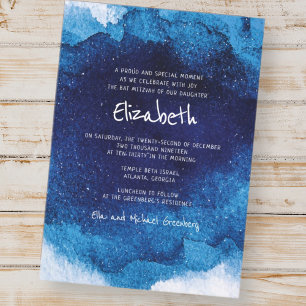 Bat mitzvah för modern typografi, blå vattenfärg inbjudningar